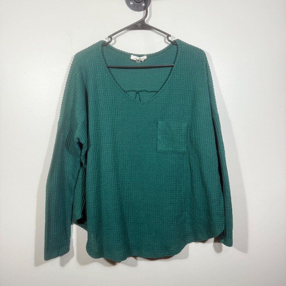Dress Up Large Green Waffle Knit V-Neck Long Sleeve Pullover Top‎